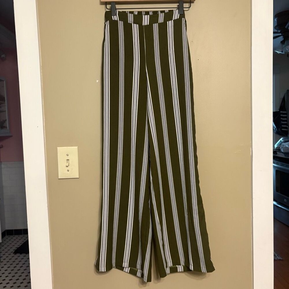 E Hanger M Olive Black White Stripe Tie Elastic Waist Wide Leg Pant Small FLAW